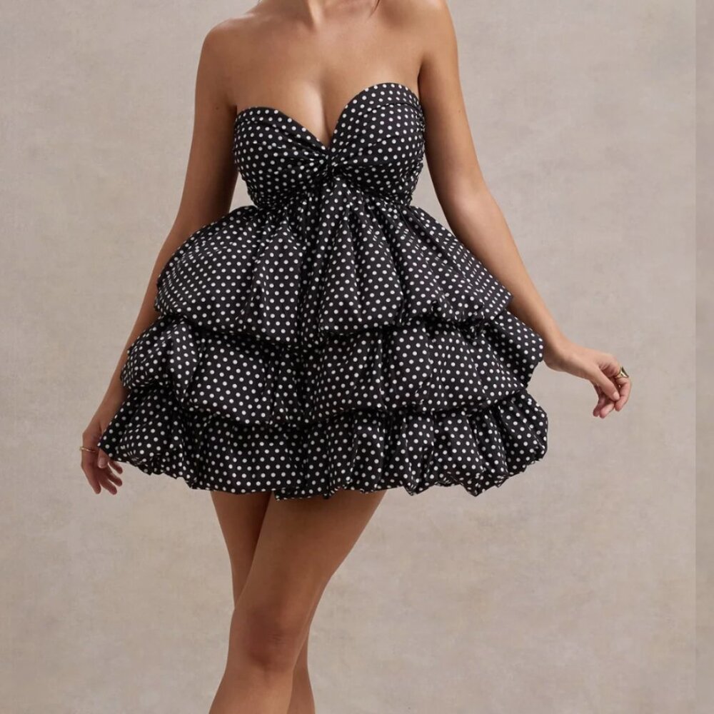 Club L London Pepper Black Polka Dot Strapless Ruffled Mini Dress Size 6